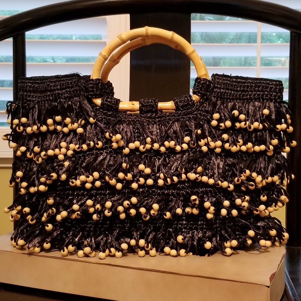 Fringe & Bead Bag w/Bamboo Handles Coldwater Creek
